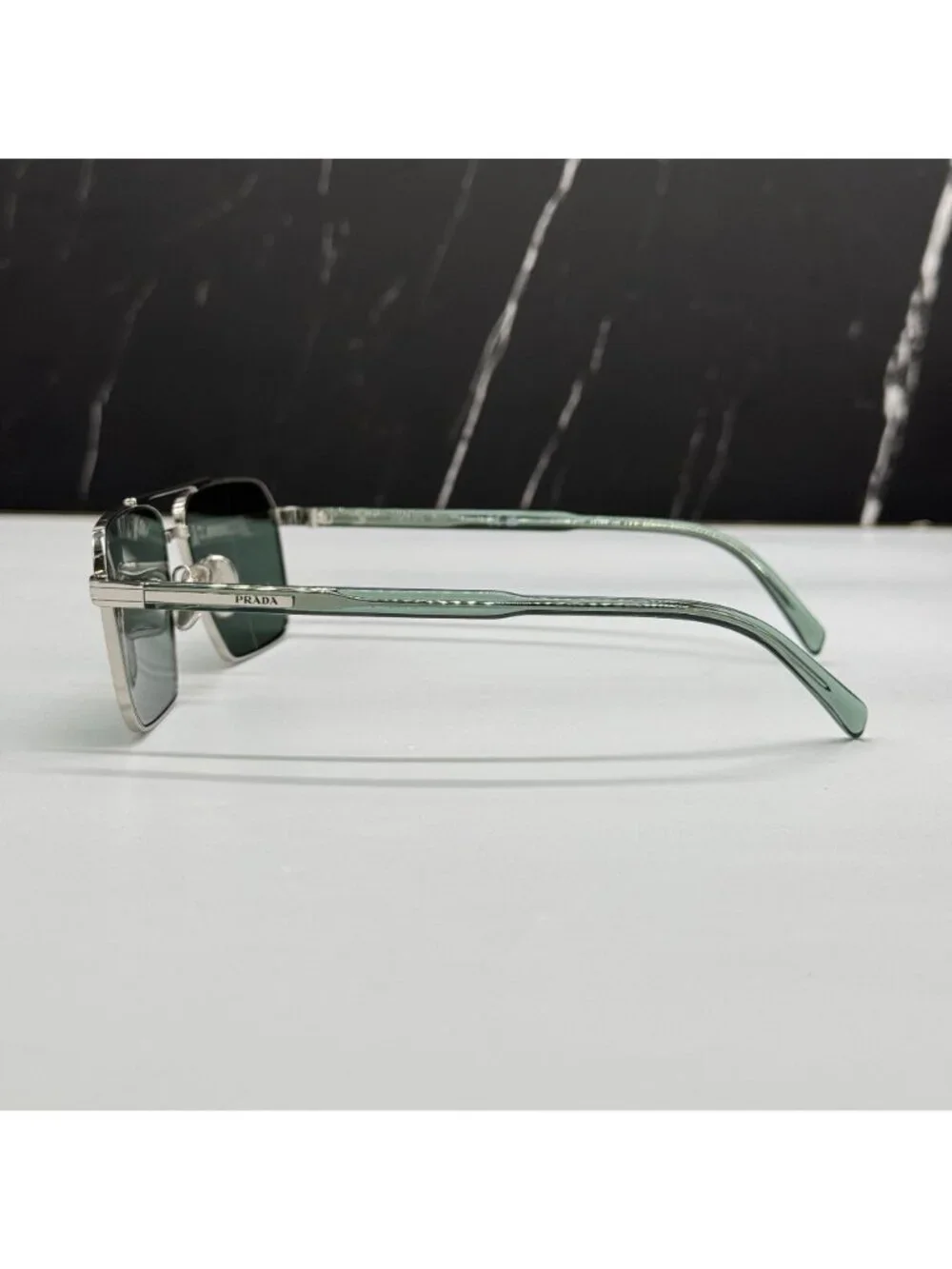 Prada PRA57S 1BC10G Unisex Square Silver Green Sunglasses Authentic NEW